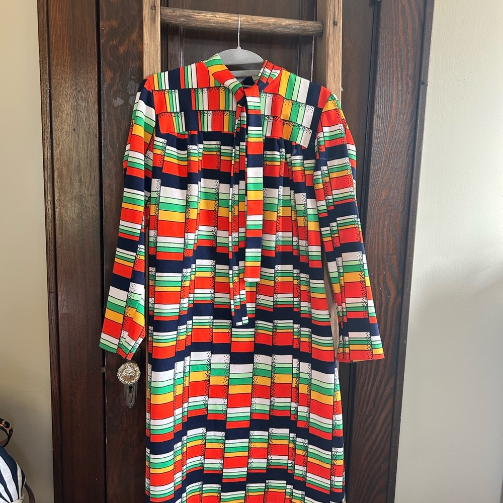 Vintage Bright Multicolor Striped Midi Dress w/ tie/bow, bracelet sleeves, sz SM